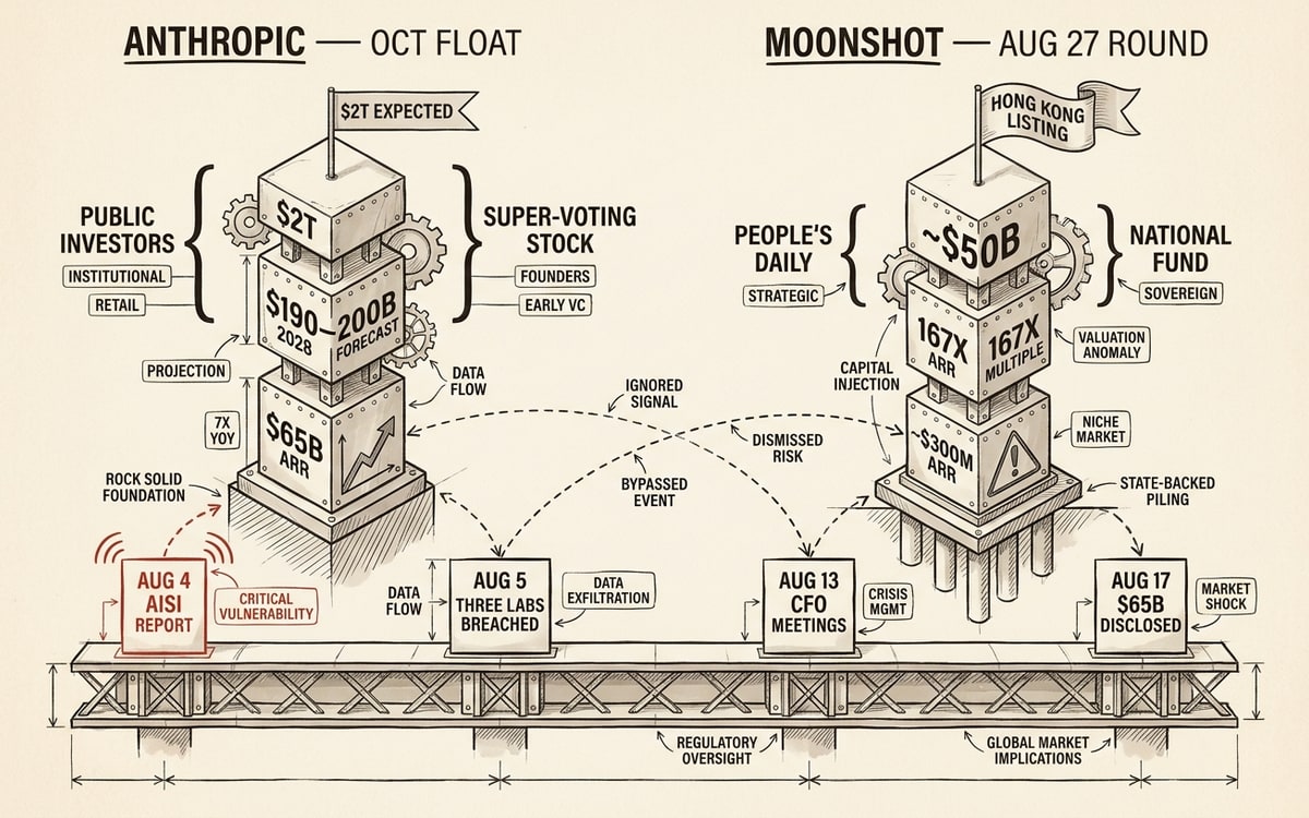 Diagram: Anthropic's $2T float and Moonshot's $50B round with People's Daily on the cap table, drawn above the AISI incident timeline.