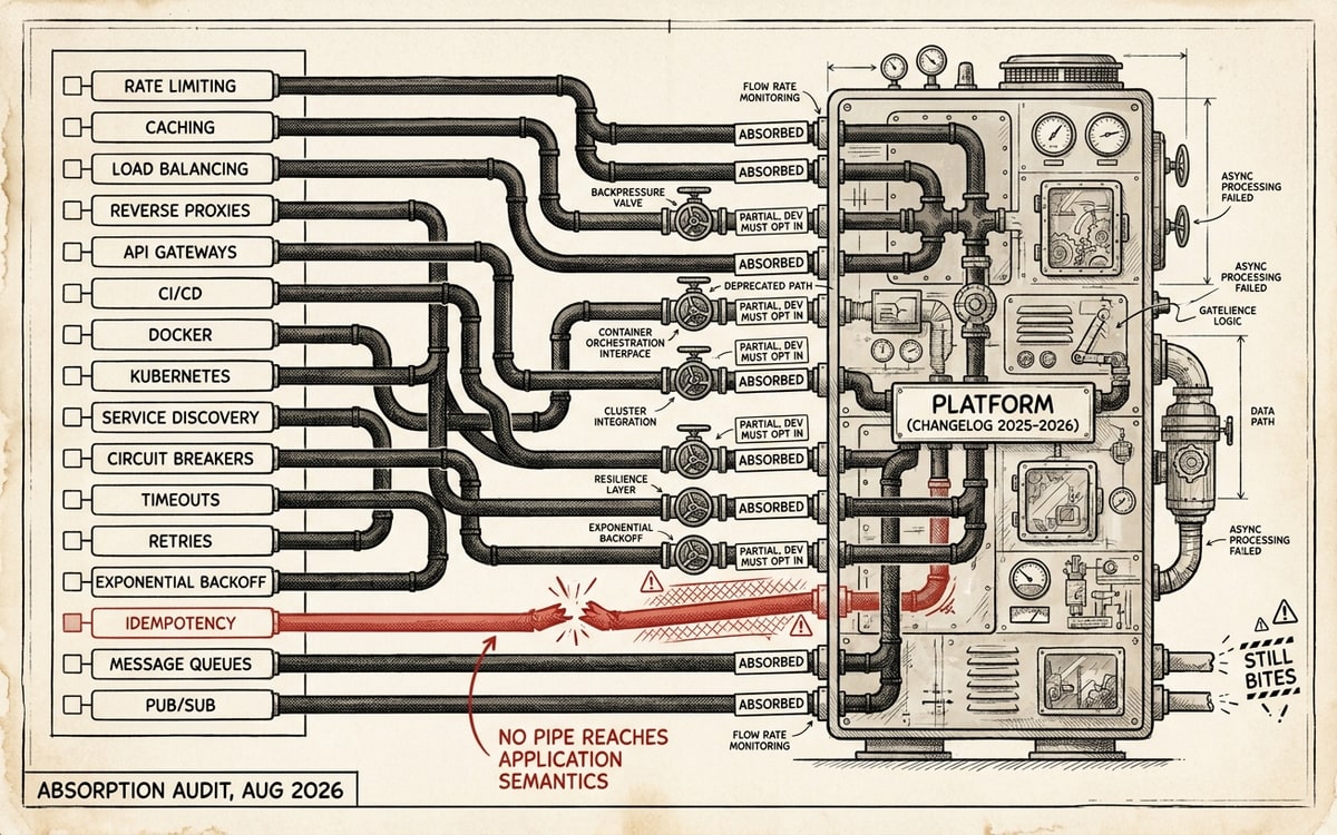 Plumbing schematic: 16 checklist items piped into a machine labeled PLATFORM; 7 pipes connect, 6 pass through valves, 2 end in open air, idempotency's pipe severed in red.