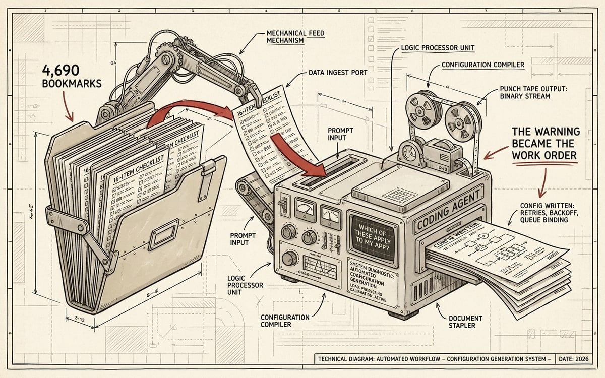 Schematic of a bookmark folder holding 4,690 saved checklists, a mechanical arm feeding one sheet along a red path into a coding agent's prompt slot.