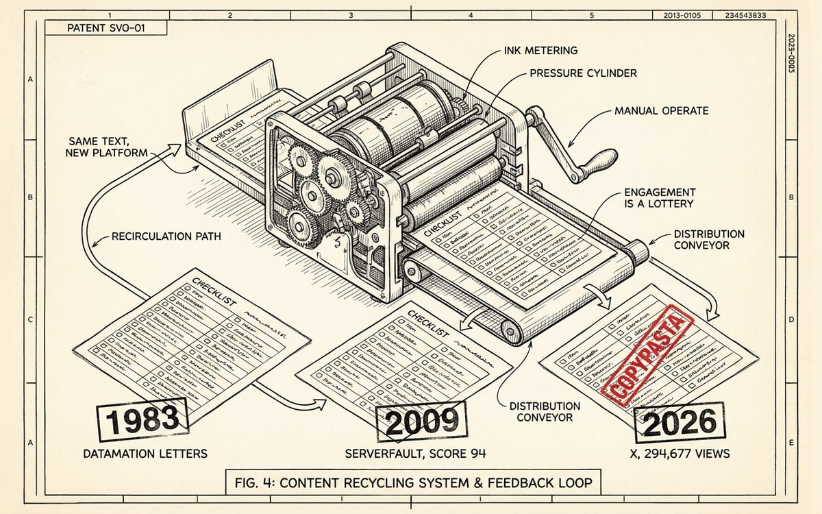 Hand-drawn schematic of a mimeograph machine reprinting the same 16-item checklist sheet, output copies stamped 1983, 2009, and 2026, with a red COPYPASTA mark.