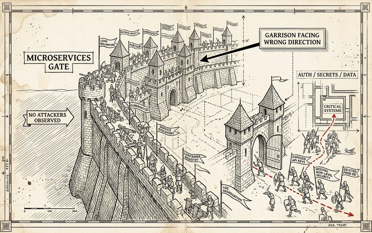 Siege-map schematic: a fortified castle labeled microservices gate faces an empty field while raiders enter an unguarded side gate marked auth, secrets, data.