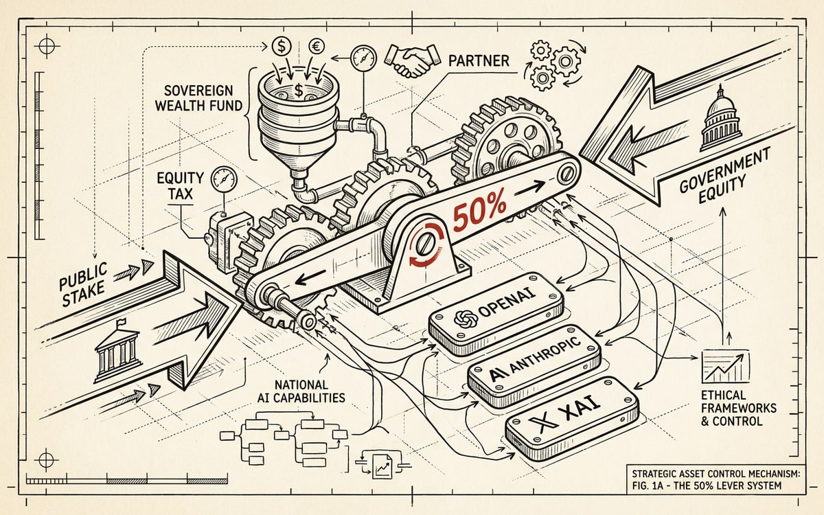 Two converging arrows from opposite edges meeting at a single labeled lever marked 50 PERCENT, one arrow tagged with a public-fund icon and the other with a capitol-dome icon, the lever rendered in red against a cream field with annotation callouts.