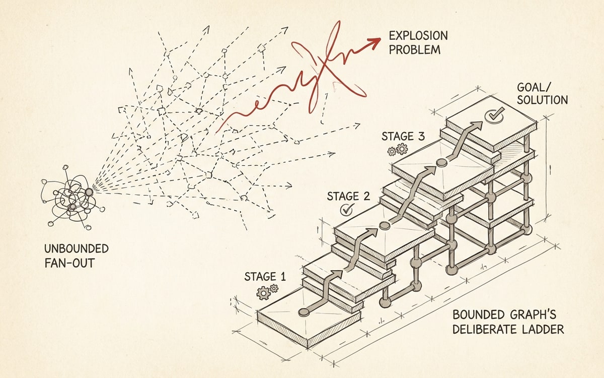 The "explosion" problem — unbounded fan-out vs. a bounded graph's deliberate ladder