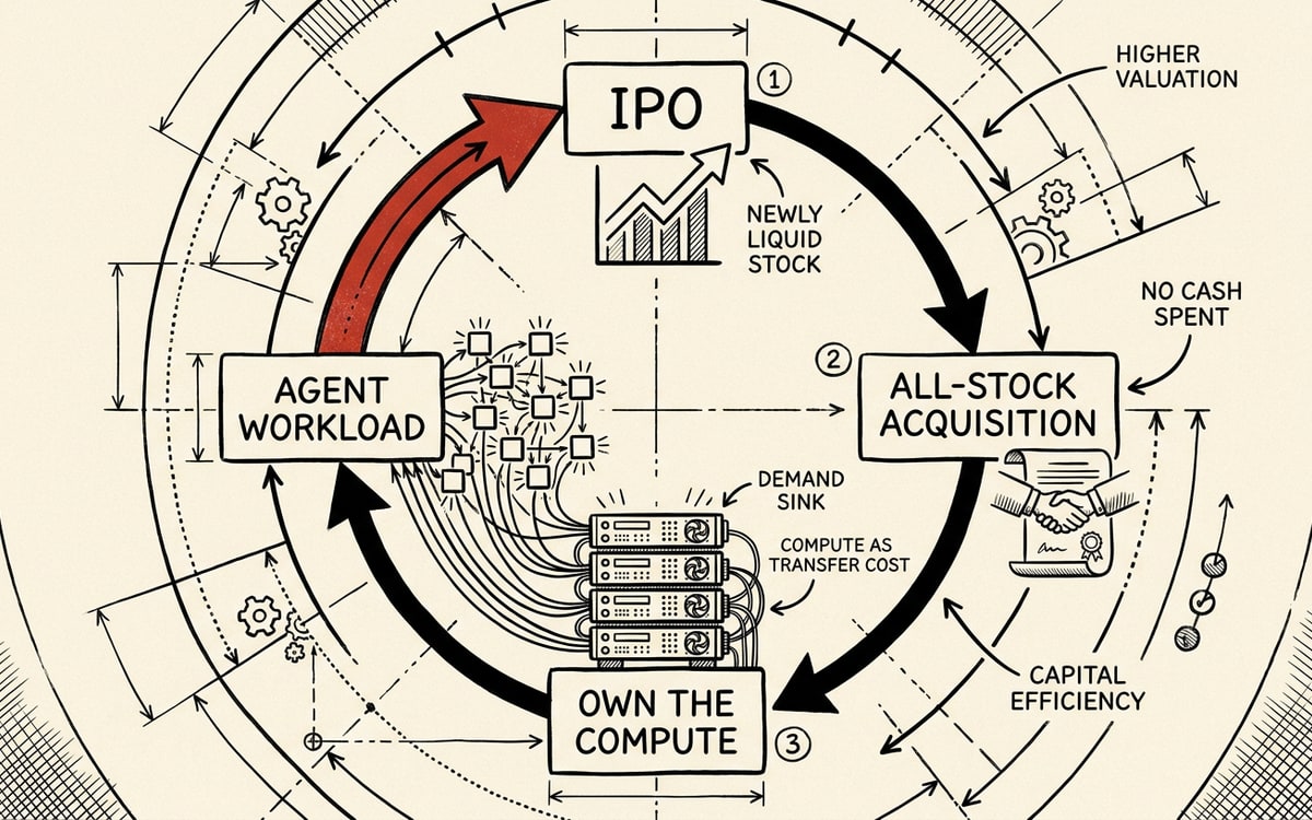 A labeled circular flywheel diagram on cream paper, black ink line-art with one red accent. Four nodes connected by curved directional arrows forming a loop: IPO (newly liquid stock) leads to ALL-STOCK ACQUISITION leads to OWN THE COMPUTE (a server-stack glyph) leads to AGENT WORKLOAD (many small agent glyphs feeding the cluster) and back to higher VALUATION at the IPO node. A small red arrow marks the reinforcing direction. Annotation callouts read NO CASH SPENT, COMPUTE AS TRANSFER COST, DEMAND SINK.
