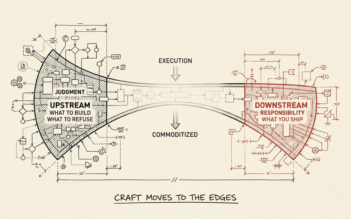 A labeled diagram on cream paper, black ink line-art with one red accent, showing a horizontal loop bowed in the middle. Three zones marked along it: left zone UPSTREAM labeled JUDGMENT / WHAT TO BUILD / WHAT TO REFUSE drawn dense with annotation; center zone EXECUTION drawn faded and thin with a downward arrow labeled COMMODITIZED; right zone DOWNSTREAM labeled RESPONSIBILITY / WHAT YOU SHIP drawn dense and marked in red. A caption reads CRAFT MOVES TO THE EDGES.