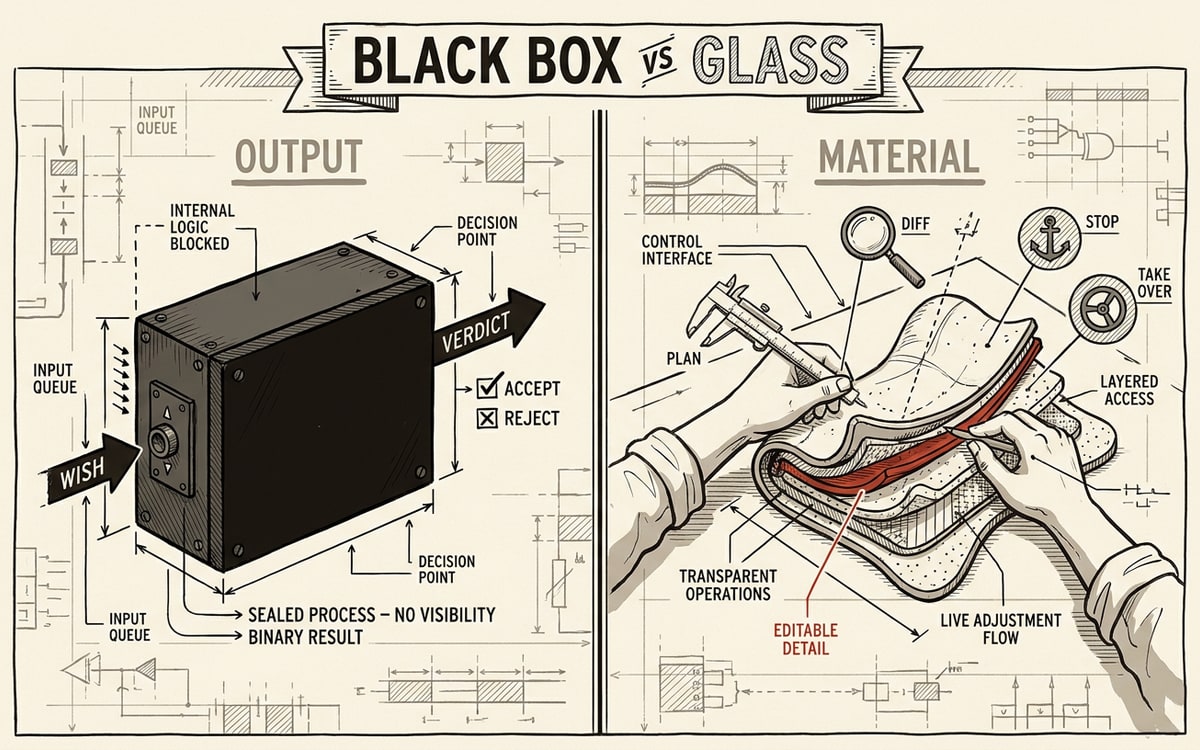 A two-panel illustration on cream paper. Left panel labeled OUTPUT: a sealed black box with a single arrow in and a checkmark out, captioned APPROVE or REJECT. Right panel labeled MATERIAL: an open workspace with hands shaping a malleable form, visible internal layers and a small red accent marking an editable detail.