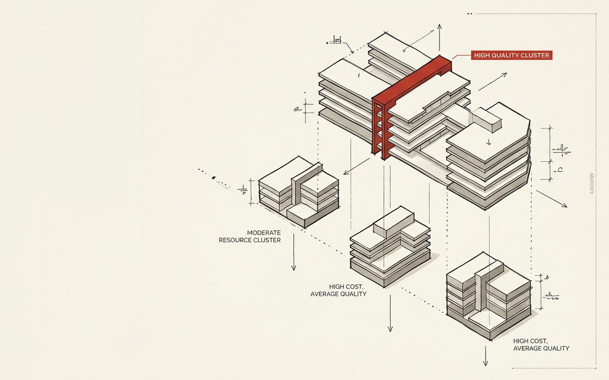 Cost vs quality across the fifteen — the architecture clusters
