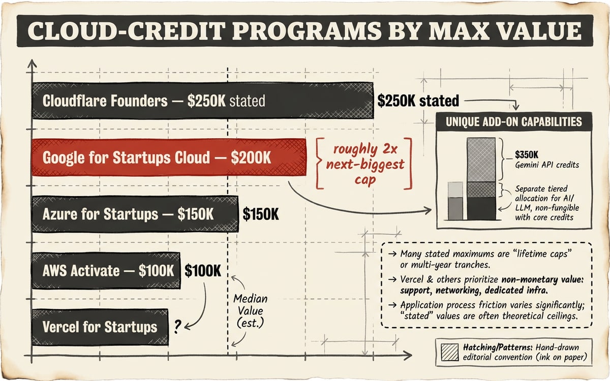 Cloud-credit programs by max value — Google for Startups Cloud at $200K (editorial red, plus the unique $350K Gemini API credits) versus AWS Activate, Azure for Startups, Cloudflare Founders, and Vercel for Startups. The Google offer is roughly 2x the next-biggest cap.
