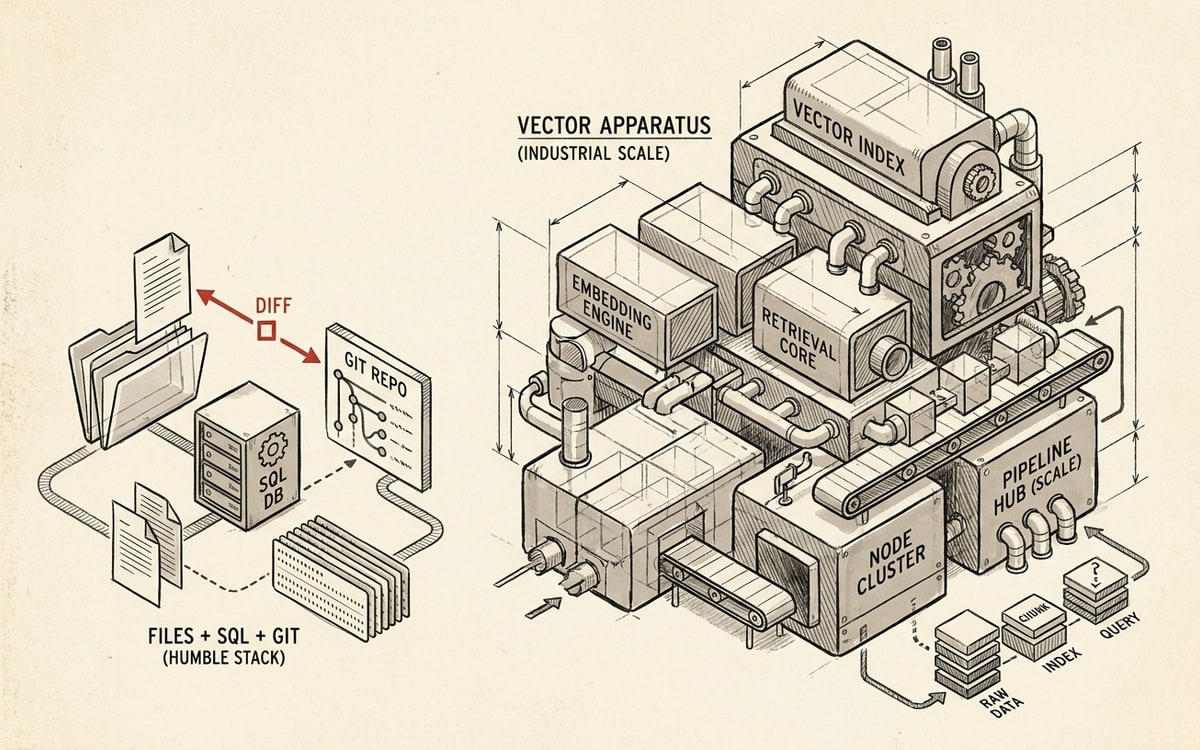 Side-by-side: humble files+SQL+git tools versus an industrial vector apparatus