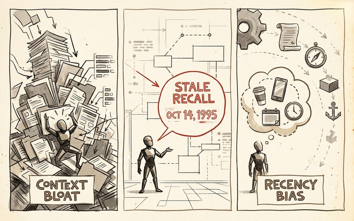 Three memory failure modes — context bloat (drowning in too many memory files), stale recall (confidently reciting outdated facts, in editorial red), and recency bias (forgetting older critical info while remembering trivial recent inputs).