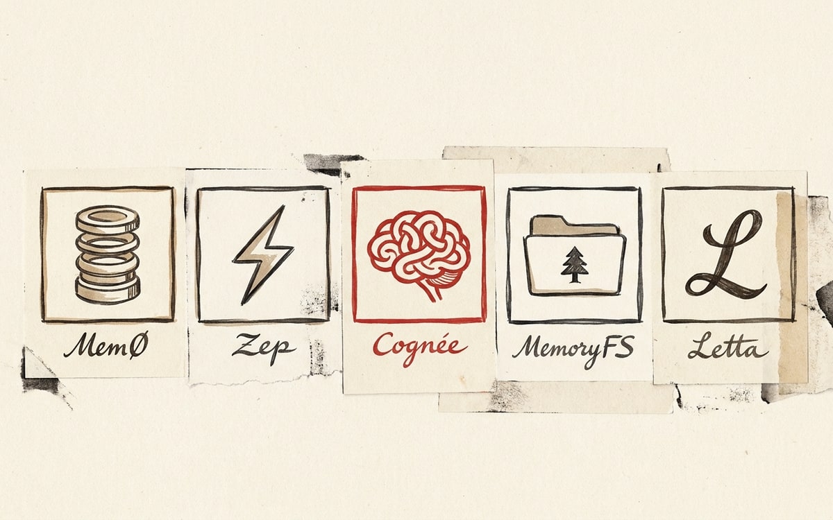 Five memory engines worth knowing — mem0, Zep/Graphiti, Cognee (the GraphRAG control plane, in editorial red), MemFS, and Letta. Each represents a different bet on how agent memory should be structured.