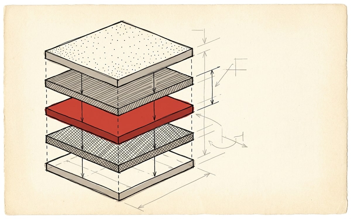 Layered memory architecture rendered as a tilted cake-stack of tiers