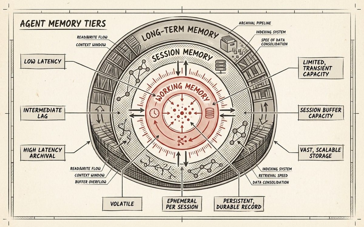Concentric tiers showing working memory, session memory, and long-term memory
