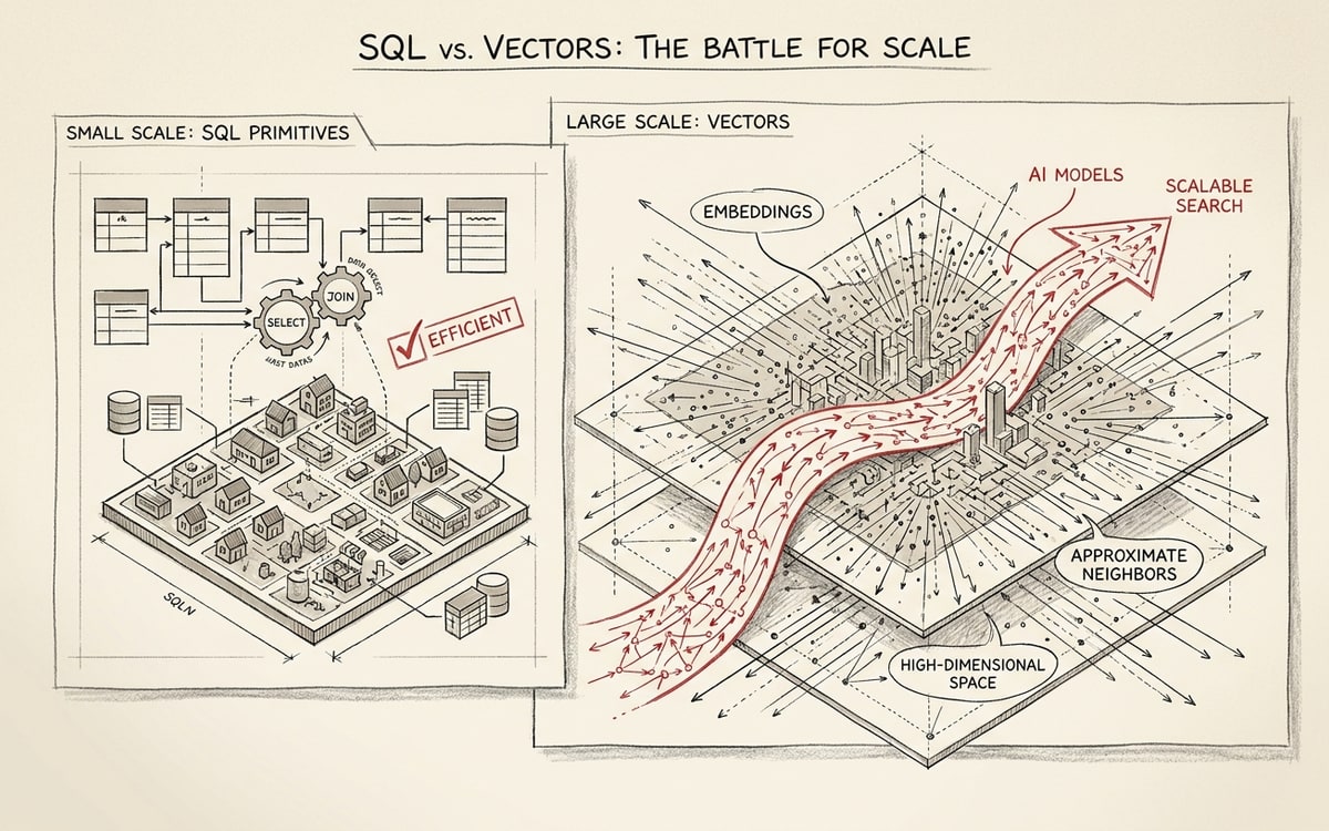 Two scatter panels: SQL primitives win at small scale, vectors win at large scale