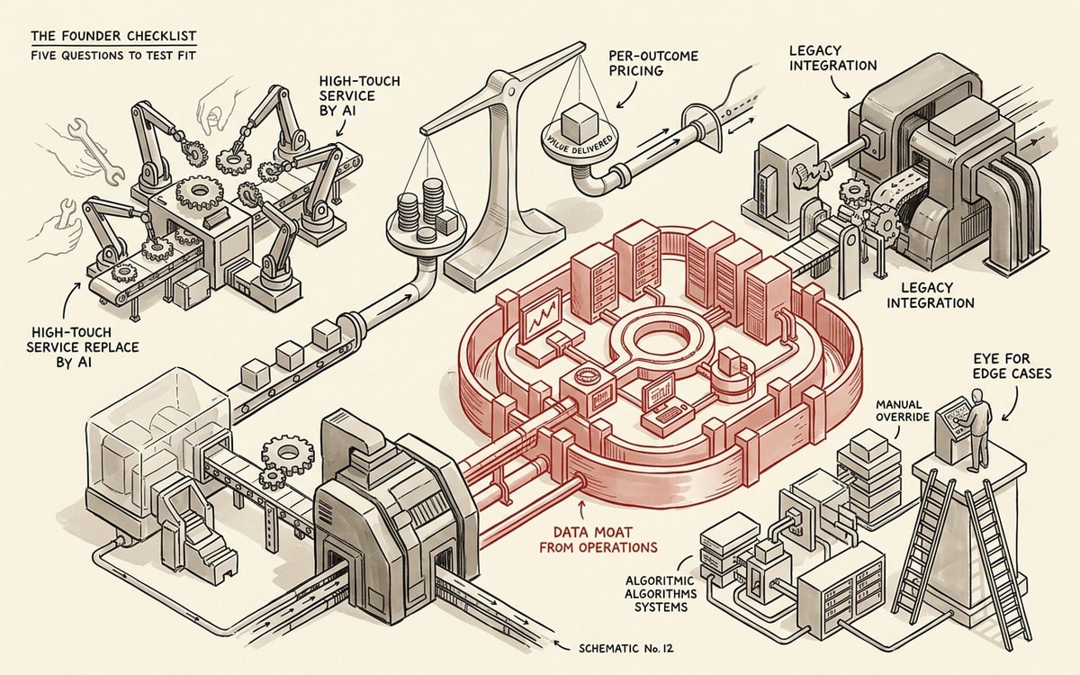 The founder checklist — five questions to test fit: high-touch services replaced by AI, per-outcome pricing, integration into legacy ops, data moat from operations (the load-bearing question, in editorial red), and human escalation for edge cases.