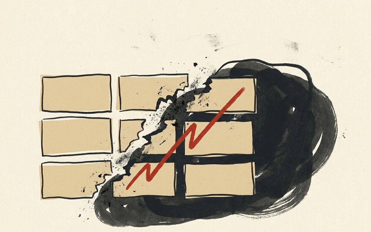 The vertical-SaaS casualty list — six category tiles (Legal, Finance, HR, Healthcare, Insurance, Real Estate) with the right column crossed out as services-as-software absorbs the workflow.