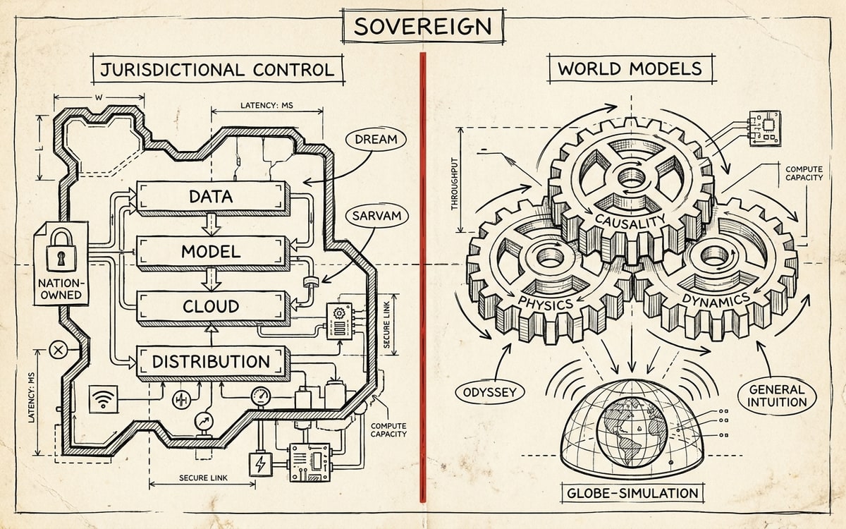 A two-panel labeled schematic: left panel shows a national stack with layers DATA, MODEL, CLOUD, DISTRIBUTION stacked inside a bordered territory; right panel shows a world-model engine with gears labeled PHYSICS, CAUSALITY, DYNAMICS; a single red dividing line separates the two bets under one banner labeled SOVEREIGN.