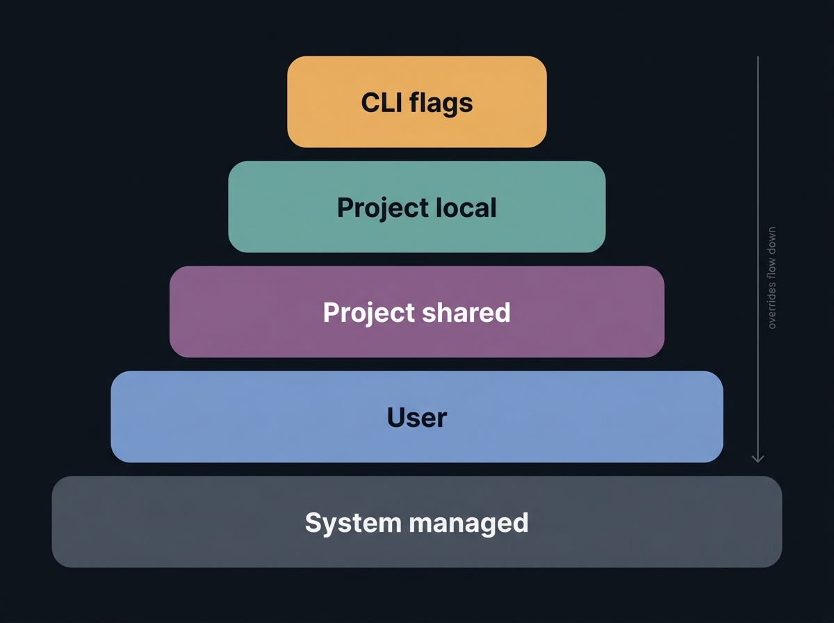 Five-layer Claude Code config scope hierarchy from CLI flags to system-managed