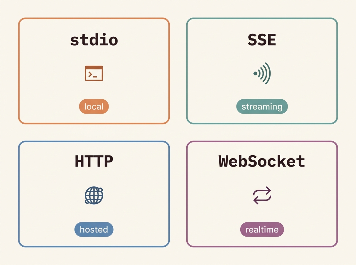 Four MCP transports: stdio, SSE, HTTP, WebSocket
