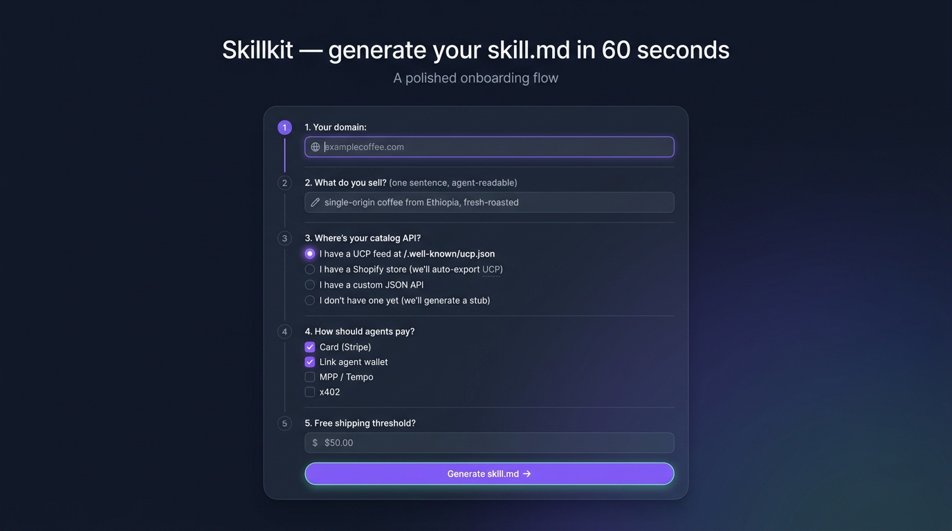 Skillkit's 5-question wizard for generating skill.md