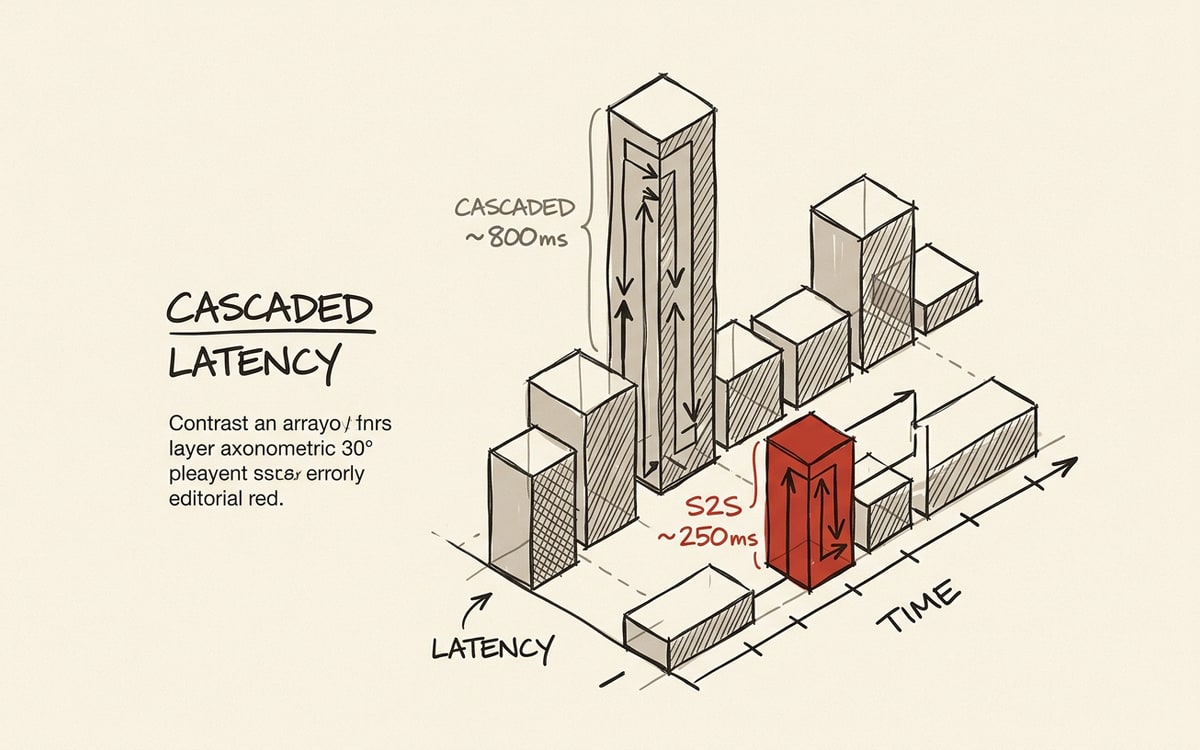 Hand-drawn bar chart contrasting cascaded ~800ms latency with S2S ~250ms