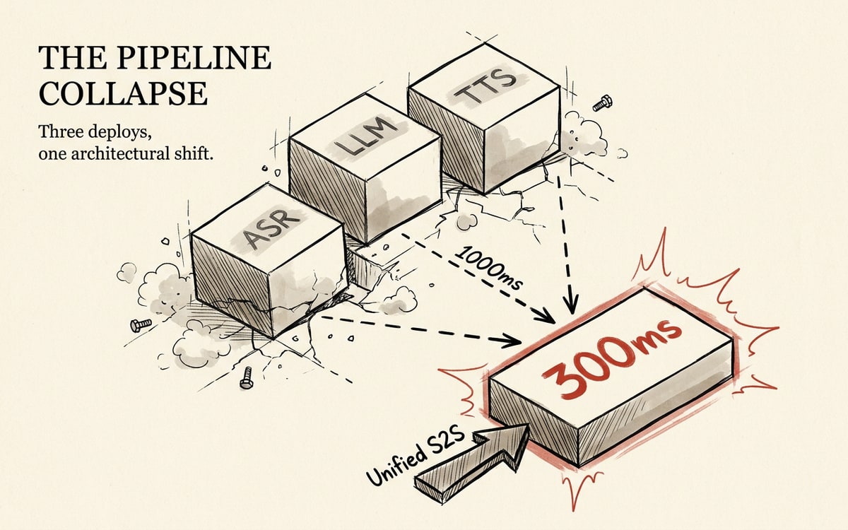 The pipeline collapse — three latency-stacked boxes (ASR + LLM + TTS = 1000ms) compressing into a single unified speech-to-speech model at 300ms. Three deploys, one architectural shift.