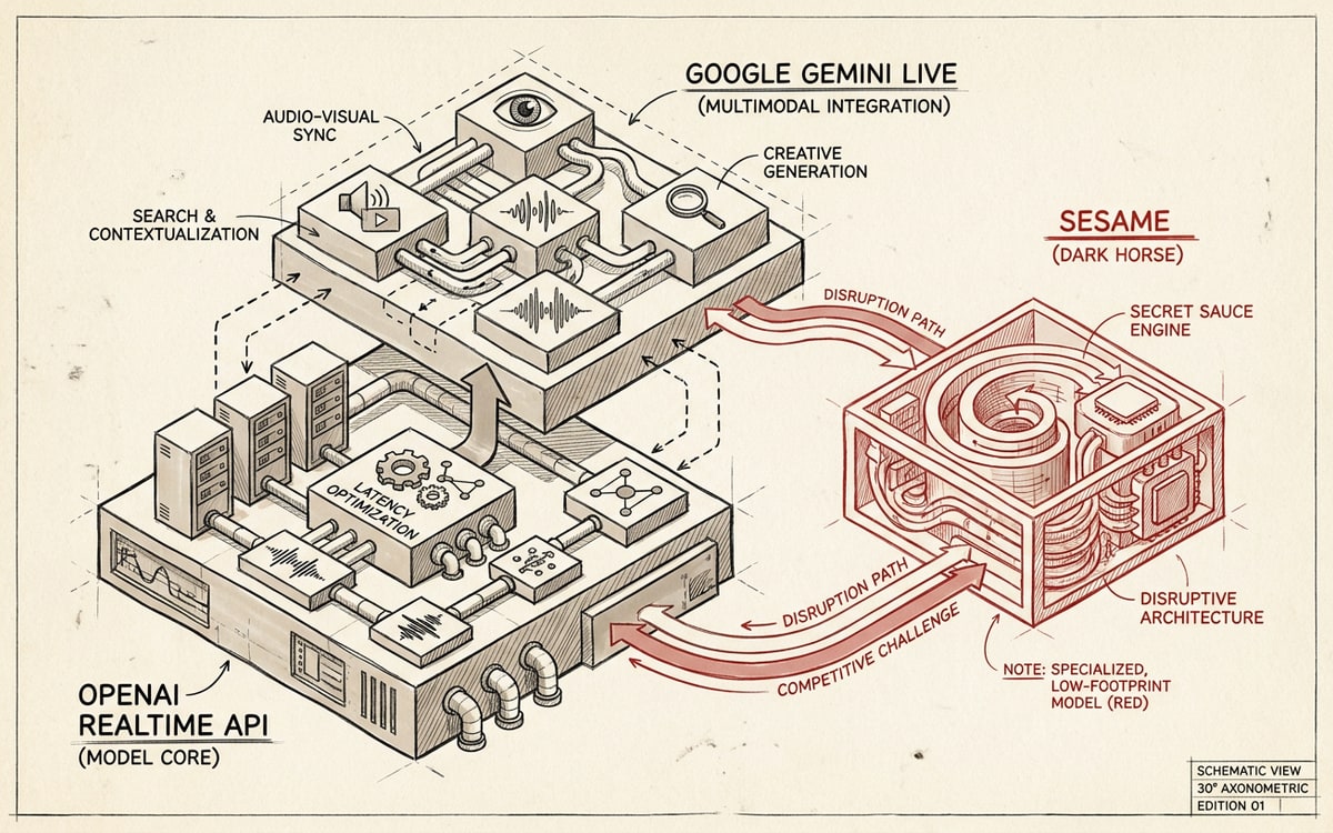The three speech-to-speech contenders — OpenAI Realtime API, Google Gemini Live, and Sesame (the editorial-red dark horse).