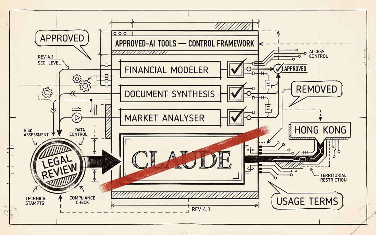 A bank approval dropdown rendered as a labeled control panel: a vertical menu listing four AI tools with one entry struck through in red, a legal-review stamp routing into the toggle, and a Hong Kong region tag flagged beside it.