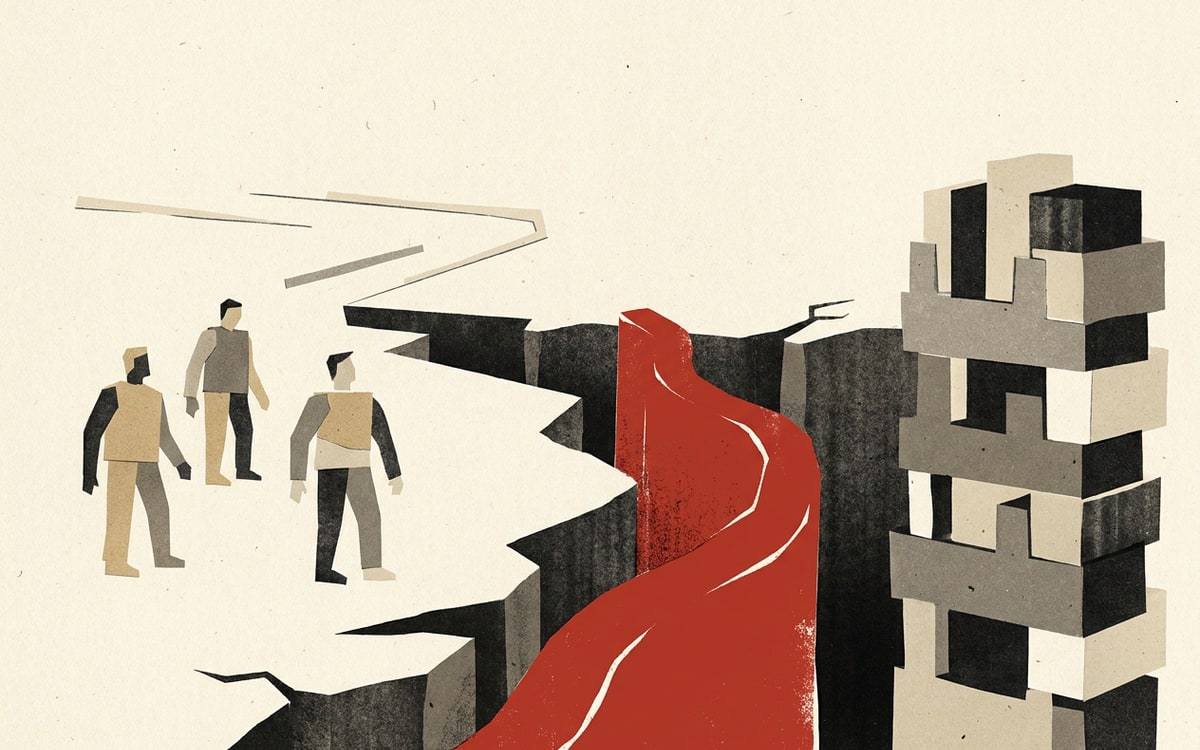 Capital-intensity moat — three founder figures held at distance from a vertical silicon stack